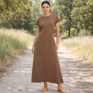 Everlane SZ 14 The Tencel Short Sleeve Midi Dress In Carob Brown Slim Fit NWT